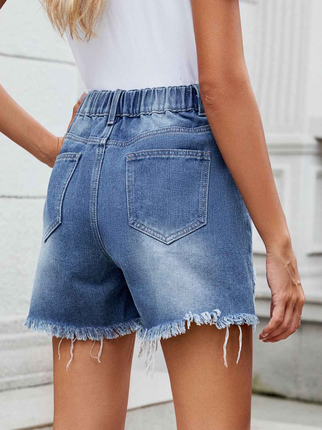 Distressed Denim Shorts with Raw Hem Asymmetrical Waist