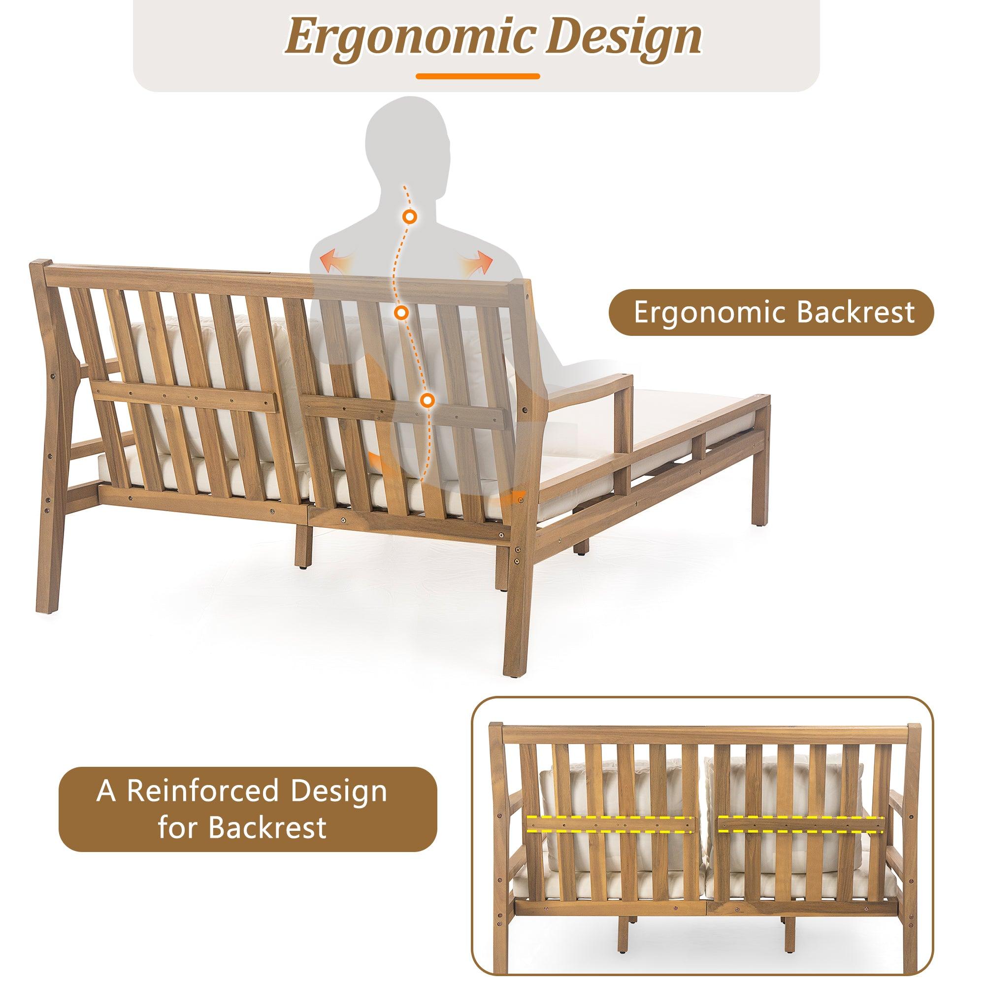 Outdoor Daybed, Patio Daybed with Four Pillows, Wooden Outdoor Bed with Curved Armrests for Poolside, Backyard, Garden
