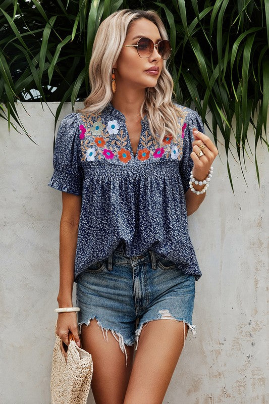 Floral Puff Sleeve Loose Fit Ruffle Blouse