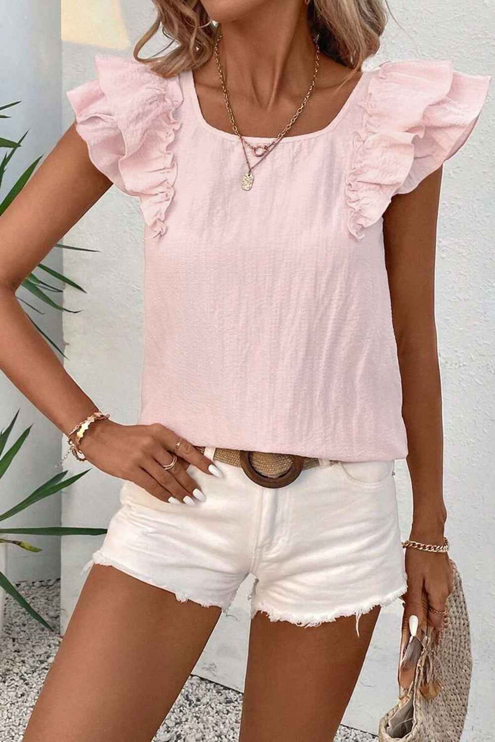 Gossamer Pink Ruffle Sleeve Blouse with Textured Bow Frills and Ruffles