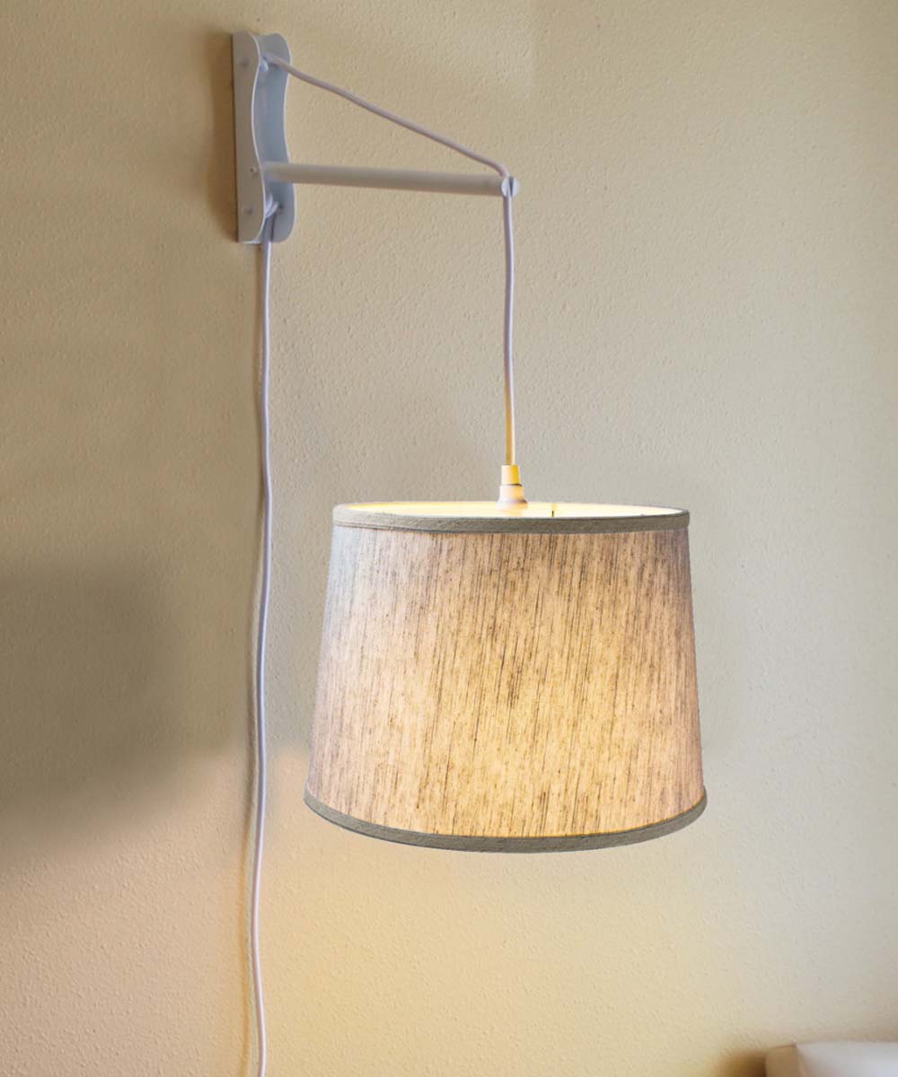 14"W MAST Plug-In Wall Mount Pendant 1 Light White Cord/Arm Textured Oatmeal Shade