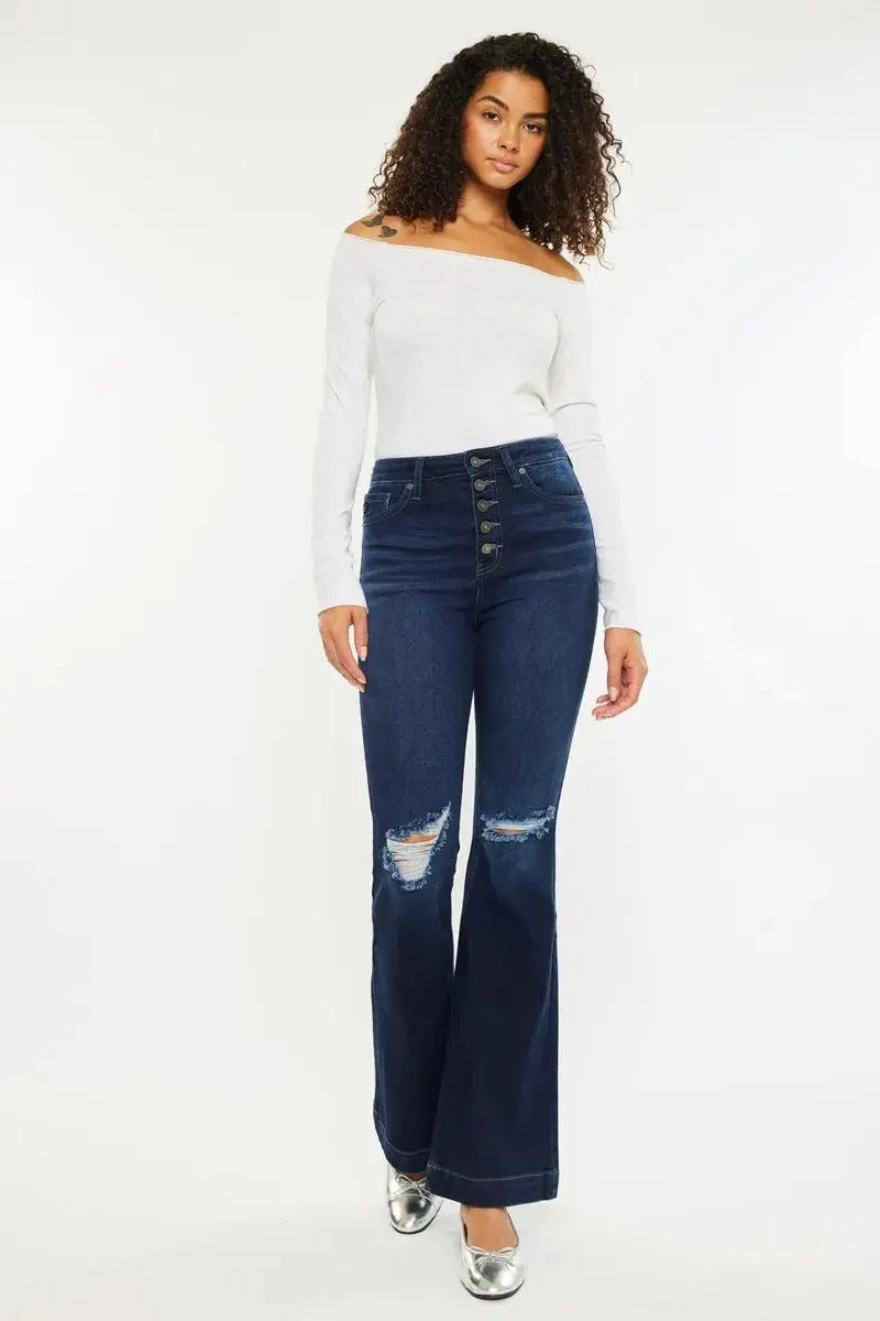 Button Fly High Rise Distressed Kancan Flare Jeans