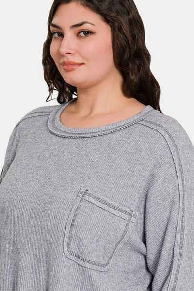Contrast Stitching Sweatshirt - Brushed Ribbed Women's Top