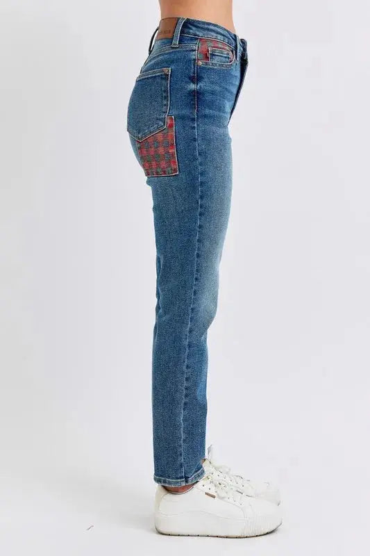 Plus Size High Waist Plaid Patch Slim Fit Judy Blue Jeans