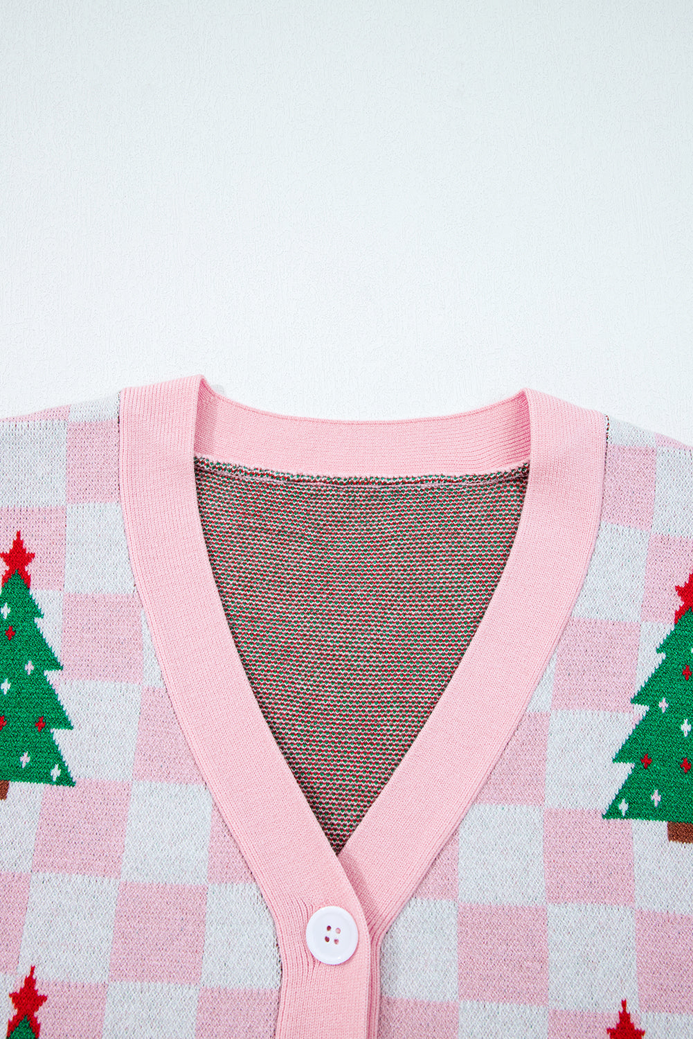 Checker Christmas Tree Buttoned V-Neck Cardigan Sweater