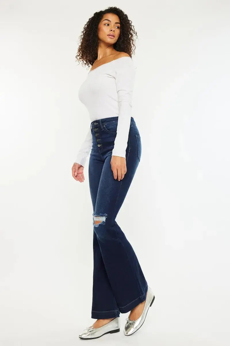 Button Fly High Rise Distressed Kancan Flare Jeans