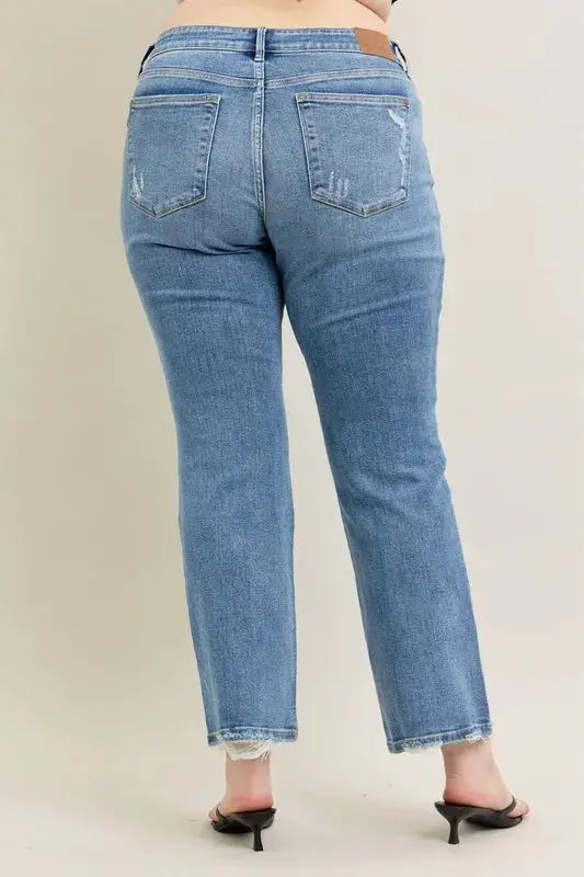 Full Size Mid Rise Wash Destroy Hem Bootcut Judy Blue Jeans
