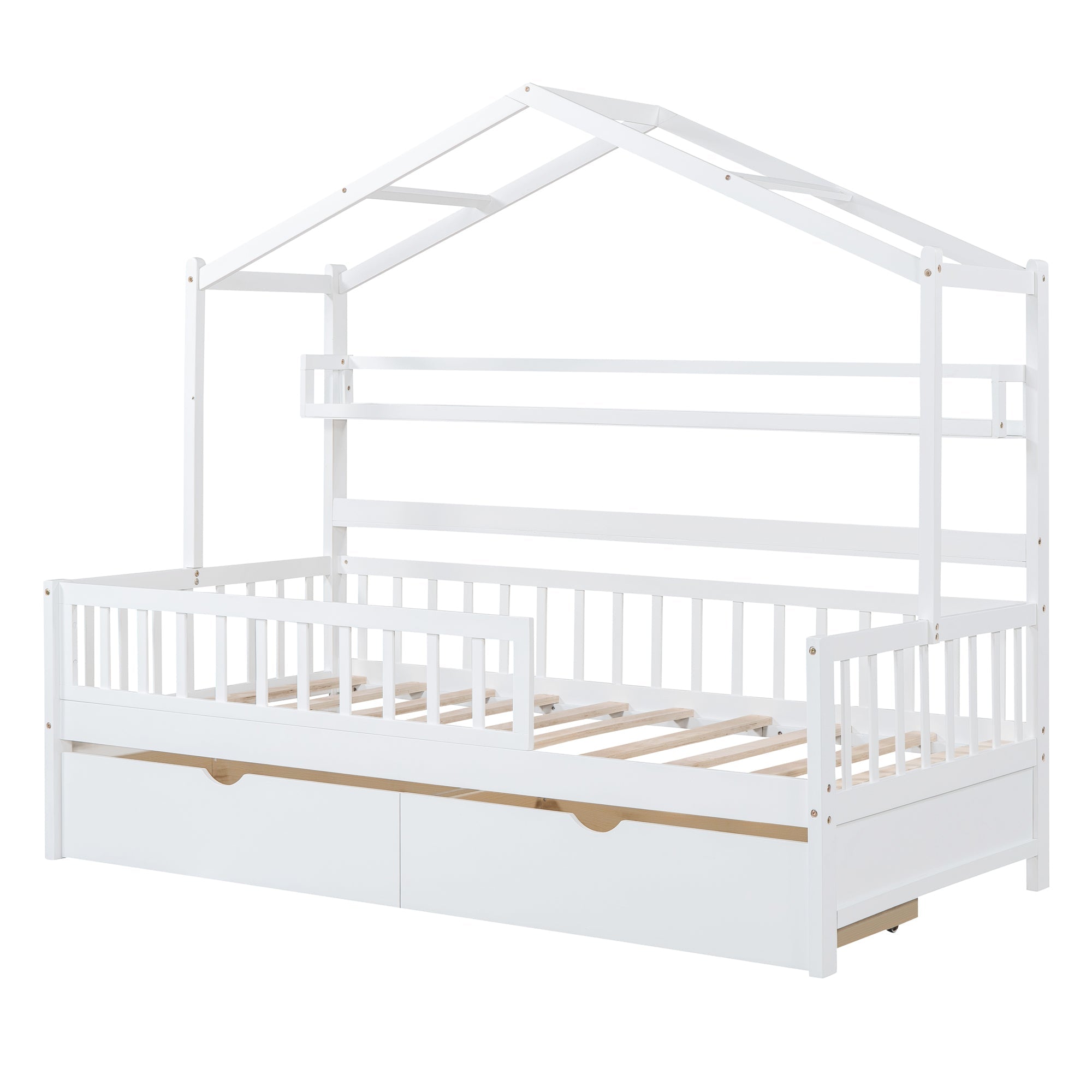 Wooden Twin Size House Bed with 2 Drawers Kids Bed with Storage Shelf White