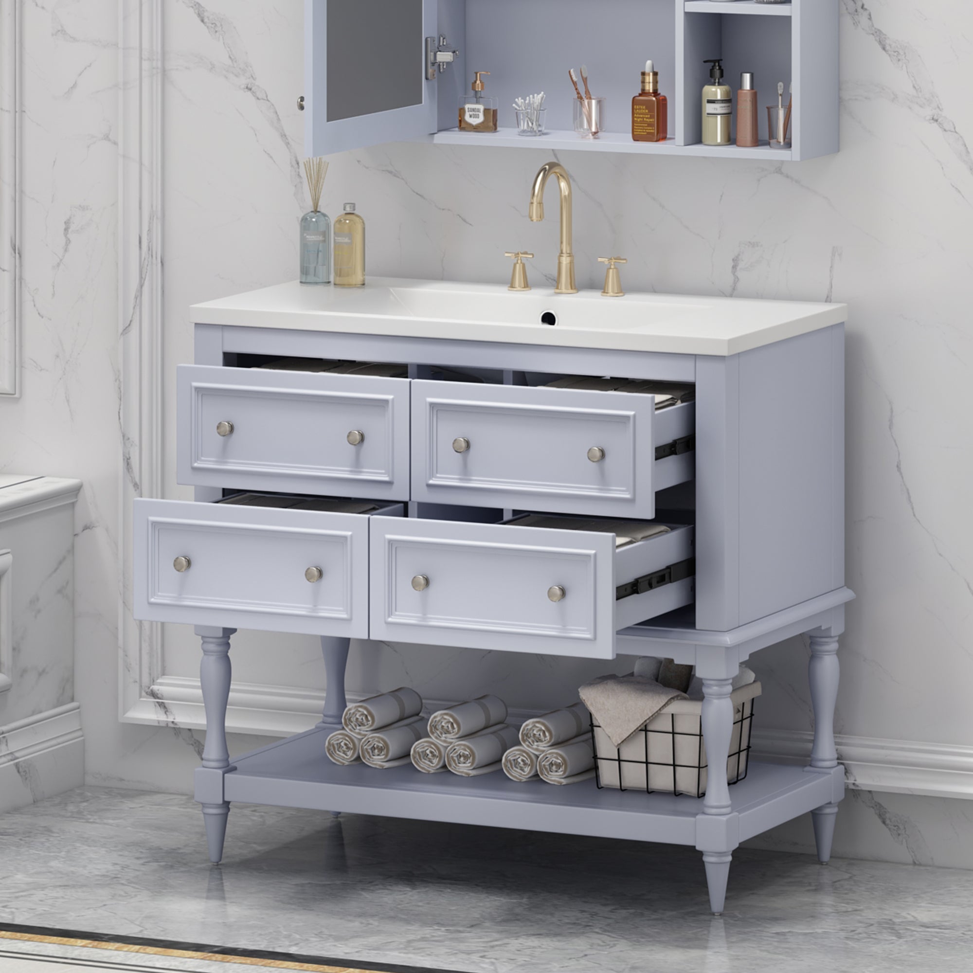 36" Bathroom Vanity Cabinet with Sink Combo Set, Undermount Resin Sink, Free Standing Vanity Set with 4 Drawers Blue