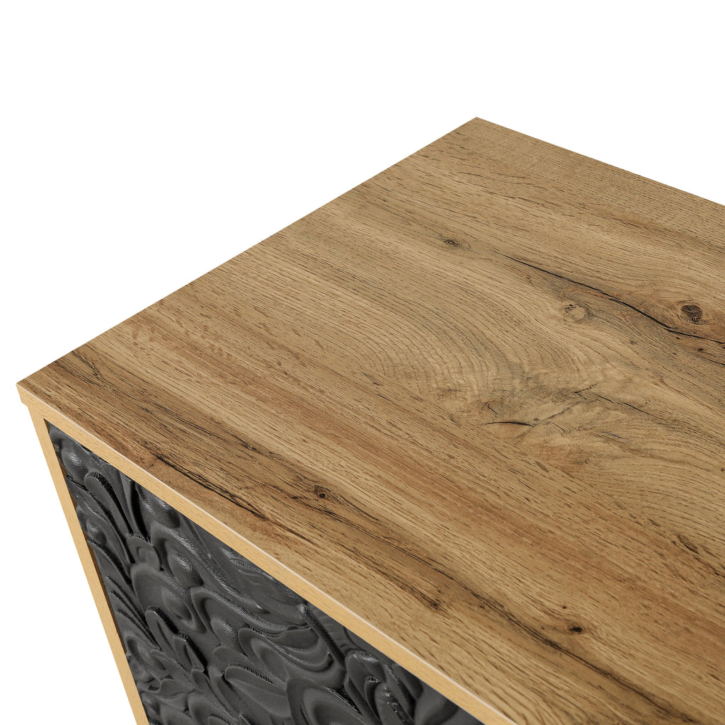 Black Carved Symmetrical Design Door And Wood Coloured Frame For TV Stand Table,Living Room ,Entryway