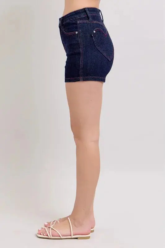 Judy Blue Jeans - Plus Size High Waist Heart Shaped Pockets Denim Shorts with Red Contrast Thread
