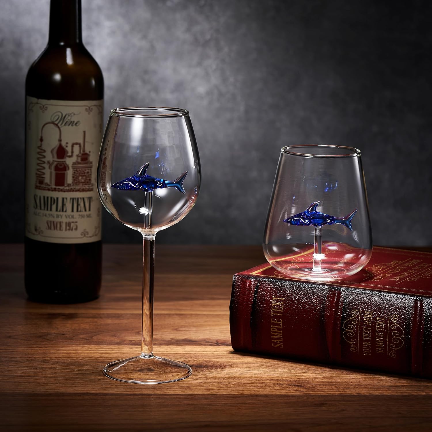 Shark-Inspired Wine Glasses Set of 2 – 13oz Stemmed Red & White Wine Glass with 3D Shark Inside – Unique Glassware Gift for Men, Dad, or Host