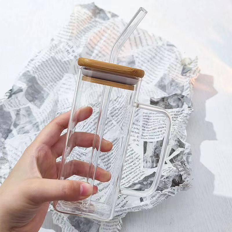 Square colored handle cup glass straw cup with lid milk tea cup with large capacity