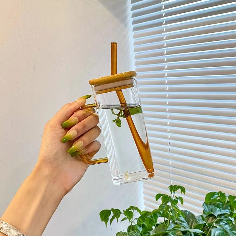 Square colored handle cup glass straw cup with lid milk tea cup with large capacity
