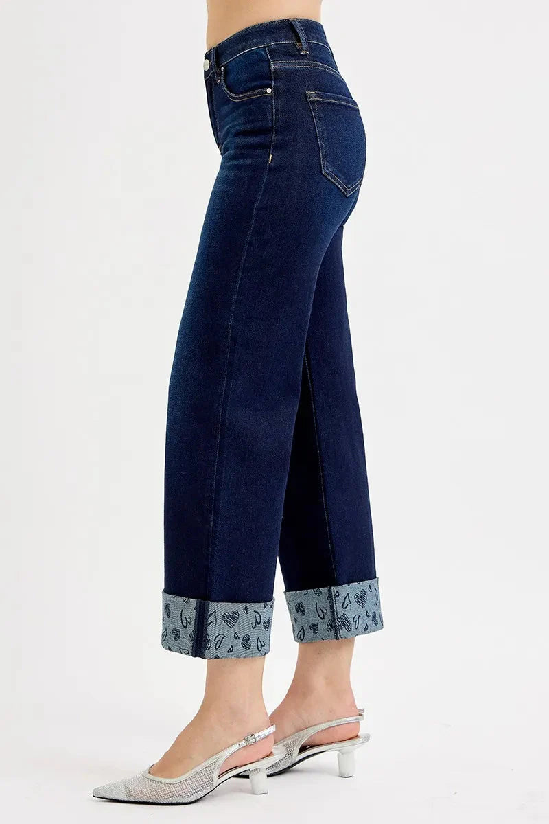 RISEN Jeans - Full Size Mid Rise Fit Crop Wide Leg with Printed Cuff