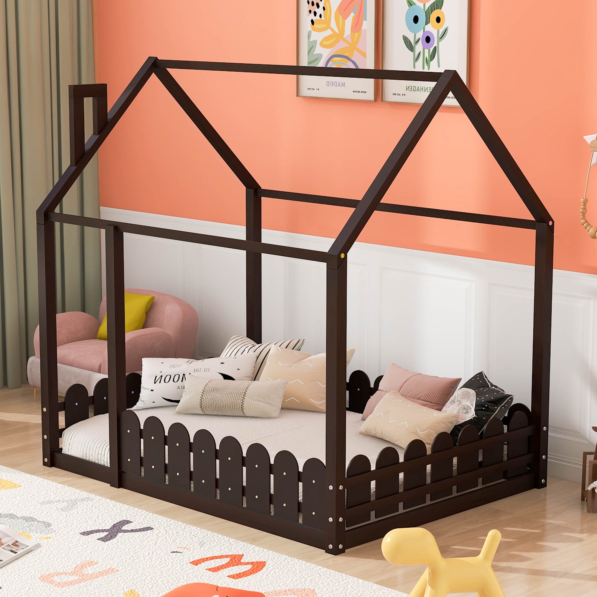 (Slats are not included)Full Size Wood Bed House Bed Frame with Fence for Kids Teens Girls Boys (Espresso )