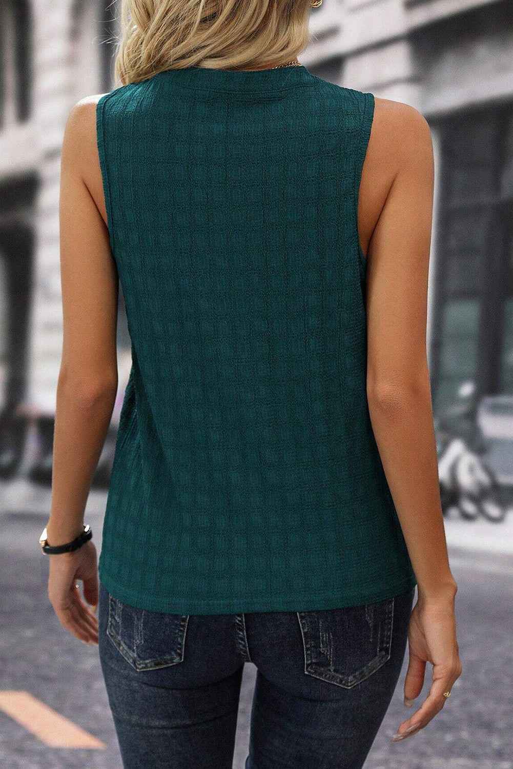 Sea Green Sleeveless Top - Textured Split V Neck Women's Shirt