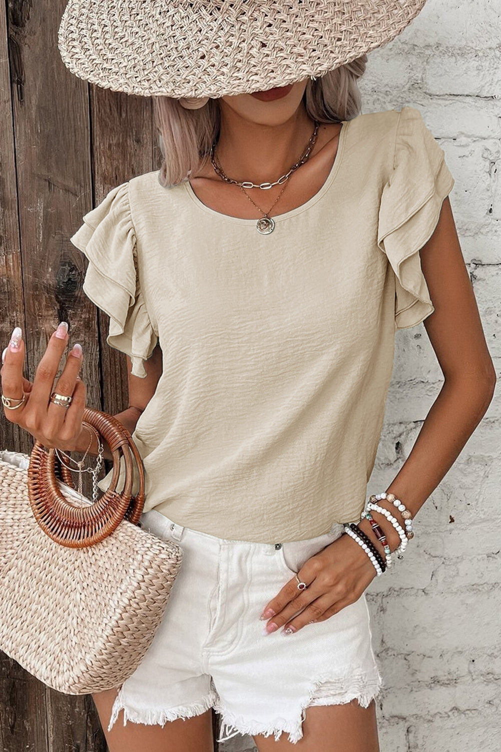 Aqua Ruffle Sleeve Blouse - Clearly Aqua Solid Color Crinkled Top