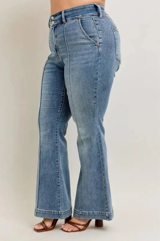Plus Size High-Waist Flare Denim Judy Blue Jeans with Front Seam Detail