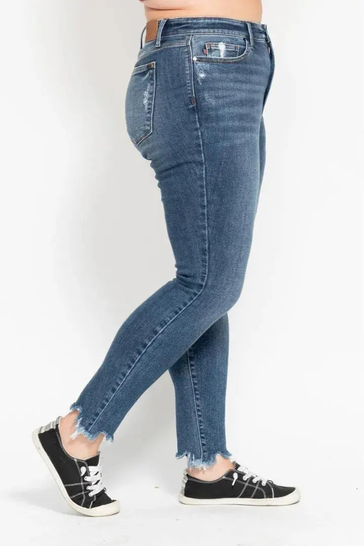 Plus Size High Waist Skinny Judy Blue Jeans with Destroy & Shark Bit Hem