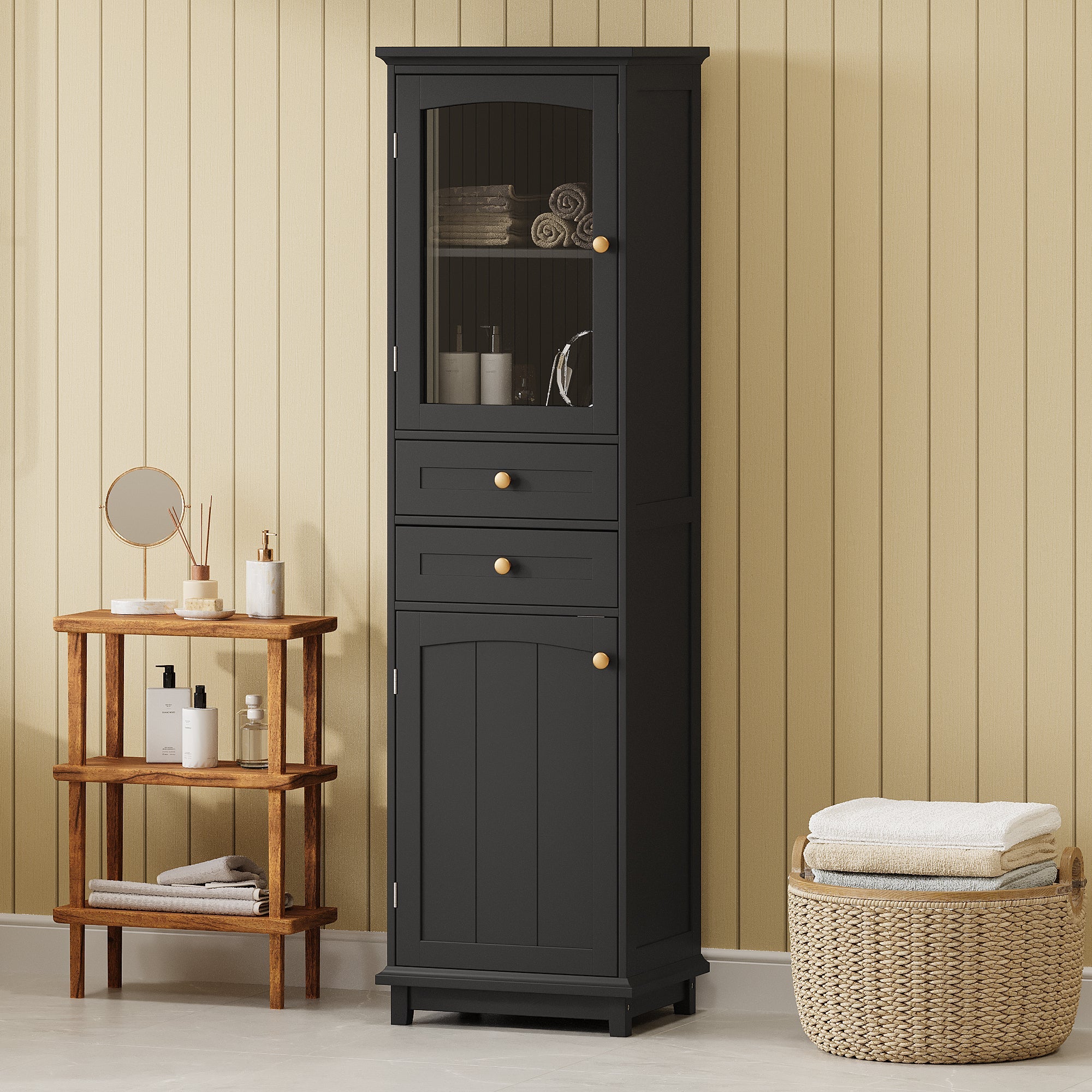 Tall Bathroom Storage Cabinet with Glass Doors, Free-Standing, Two Drawers, and Adjustable Shelves, MDF Board, Painted Black