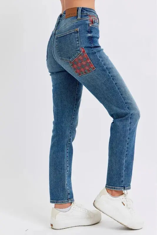 Plus Size High Waist Plaid Patch Slim Fit Judy Blue Jeans