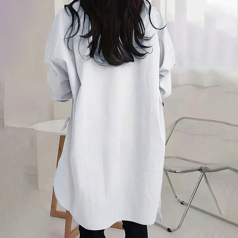 Women's Casual Loose-Fit Long Sleeve Shirt - Side Slit Tie Detail Button-Down Blouse, Solid Color Top