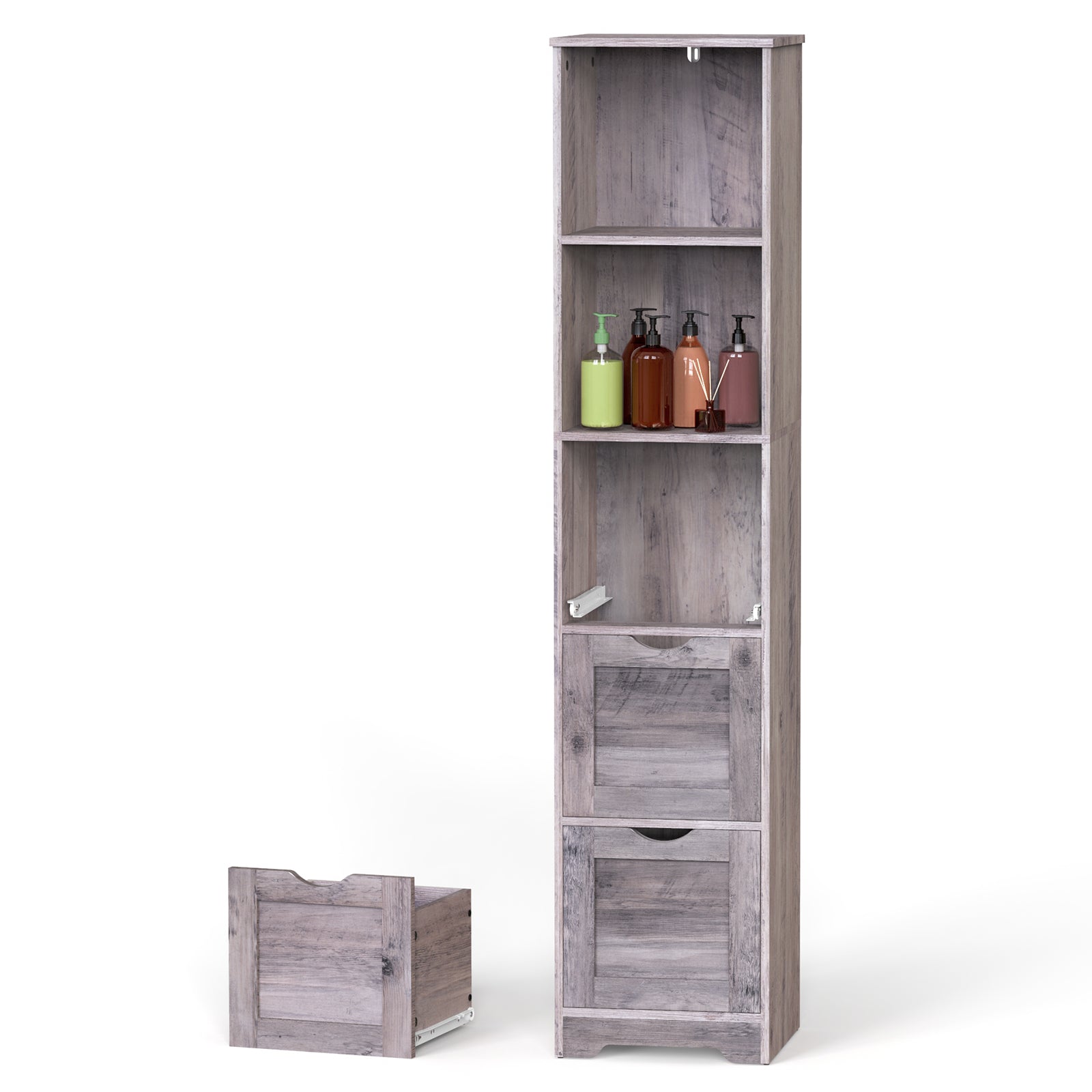 Bathroom Floor Cabinet with 3 Drawers 2 Shelves, Tall Narrow Bathroom Kitchen Pantry Storage Cabinet with Open Compartment Grey