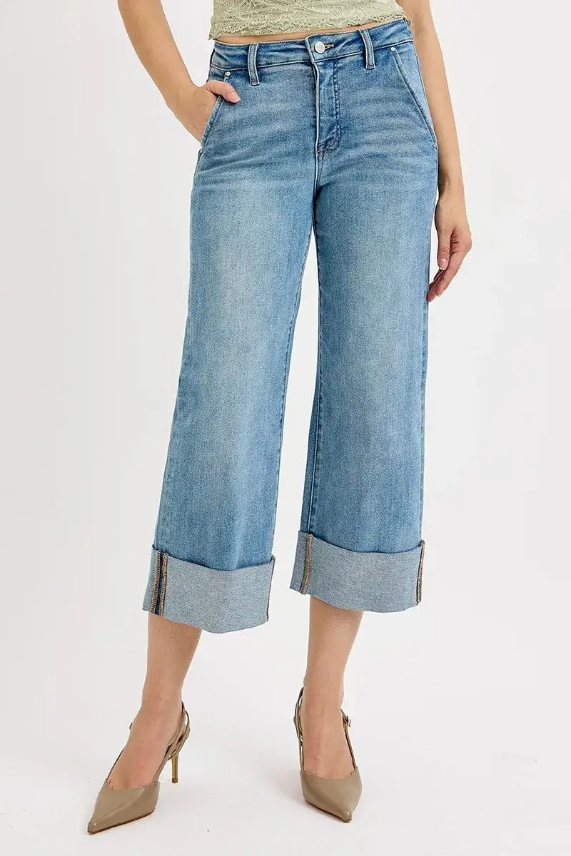 RISEN High Rise Ankle Wide Cuffed Jeans