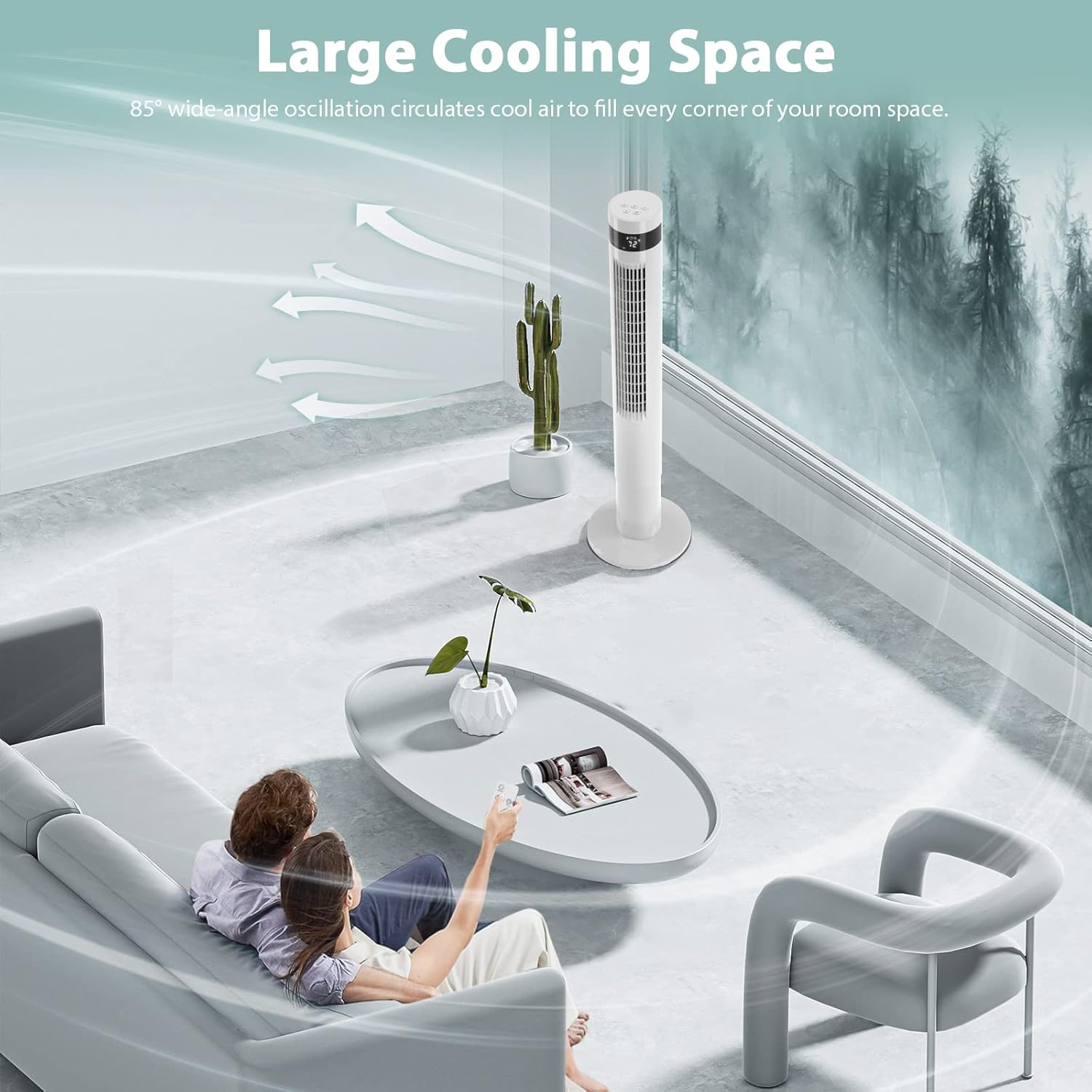 85° Oscillating Bladeless Tower Fan with 24ft/s Velocity