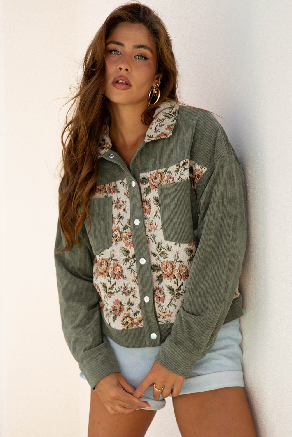 Floral Patchwork Ribbed Shirt Jacket