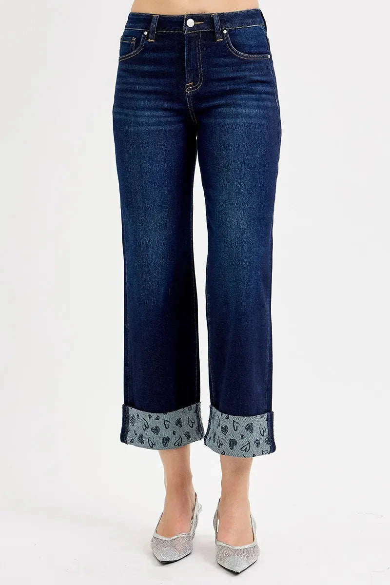 RISEN Jeans - Full Size Mid Rise Fit Crop Wide Leg with Printed Cuff
