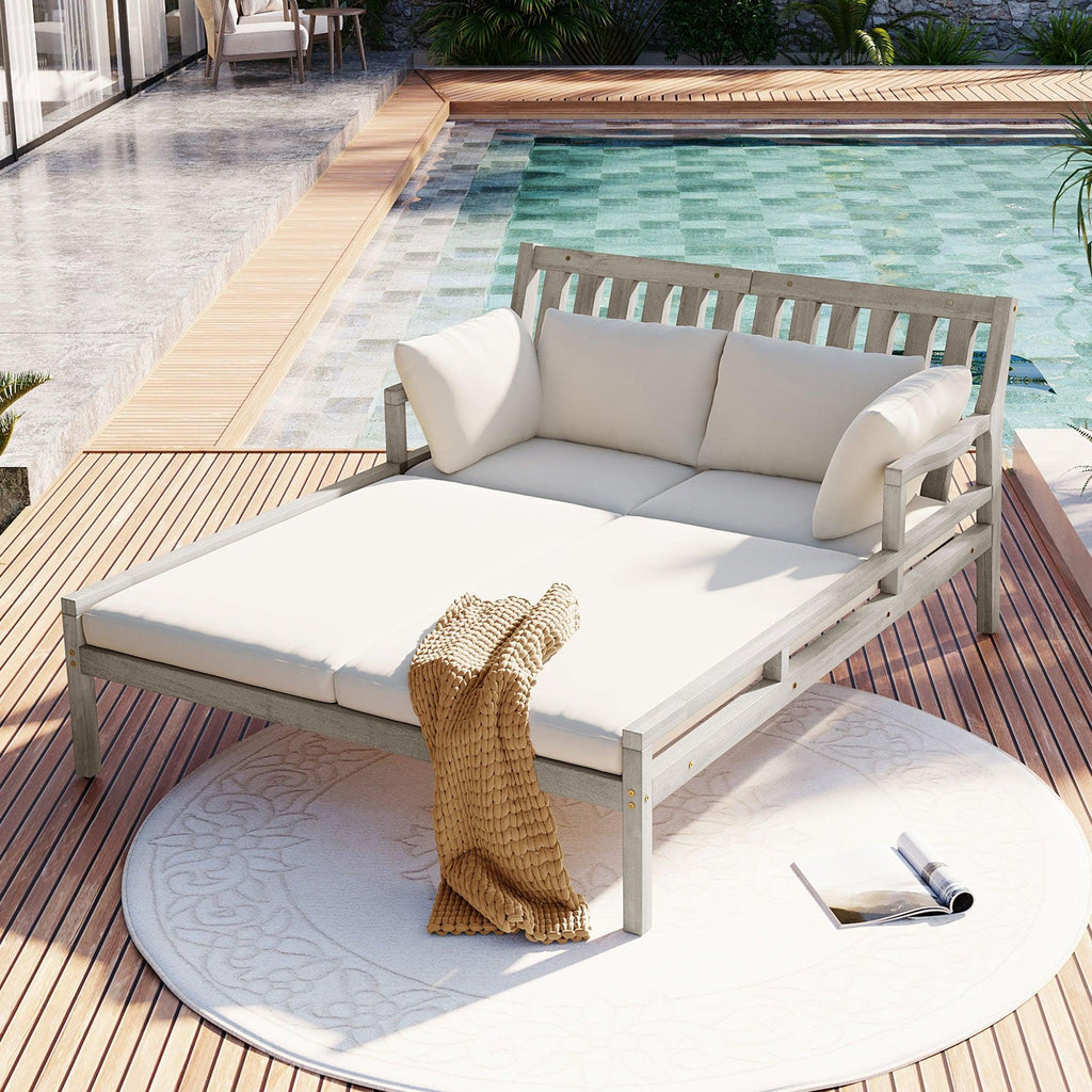 Outdoor Daybed, Patio Daybed with Four Pillows, Wooden Outdoor Bed with Curved Armrests for Poolside, Backyard, Garden