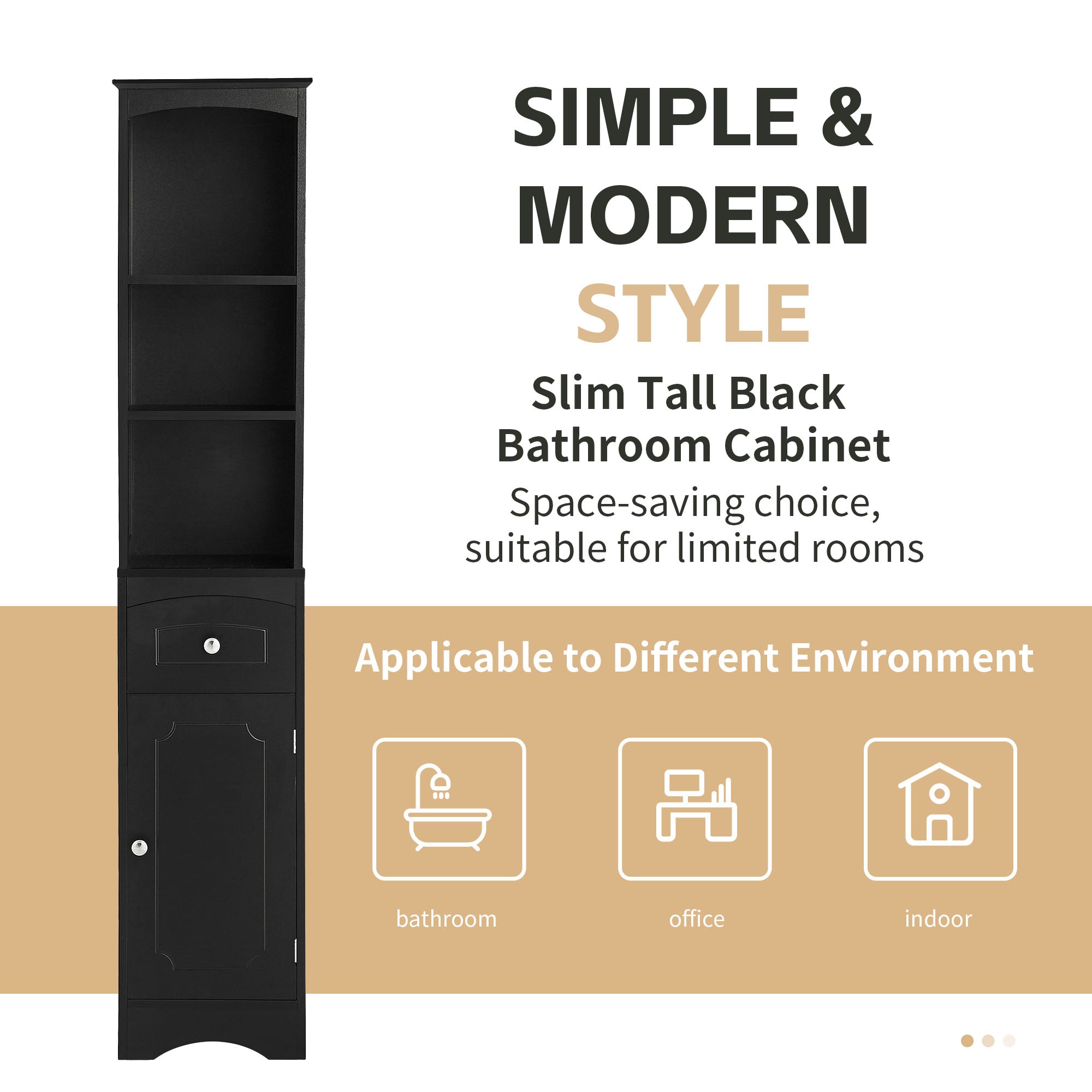 Tall Bathroom Cabinet, Freestanding Storage Cabinet with Drawer, MDF Board, Adjustable Shelf, Black