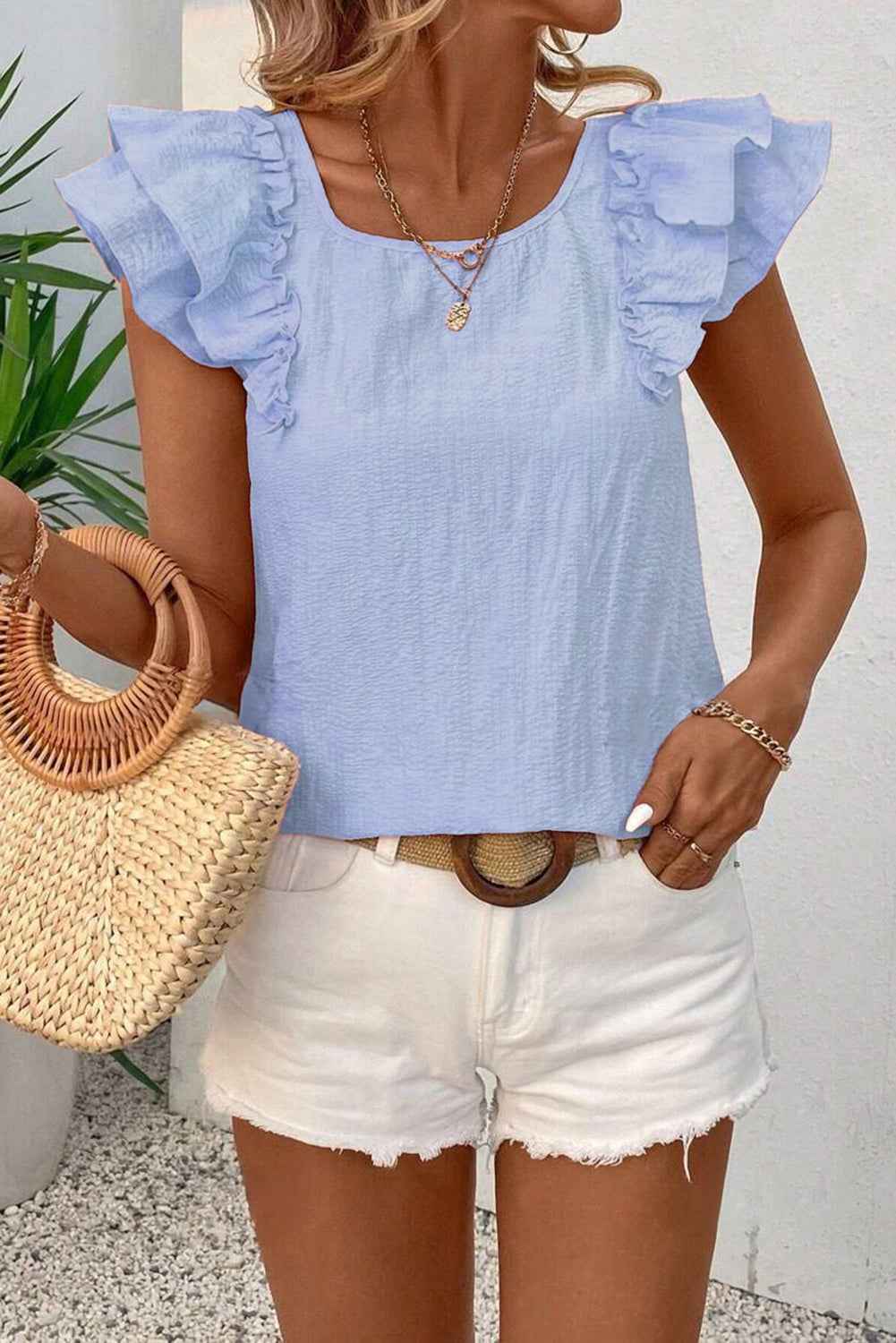 Beige Ruffle Sleeve Blouse with Textured Bow and Frilled Design