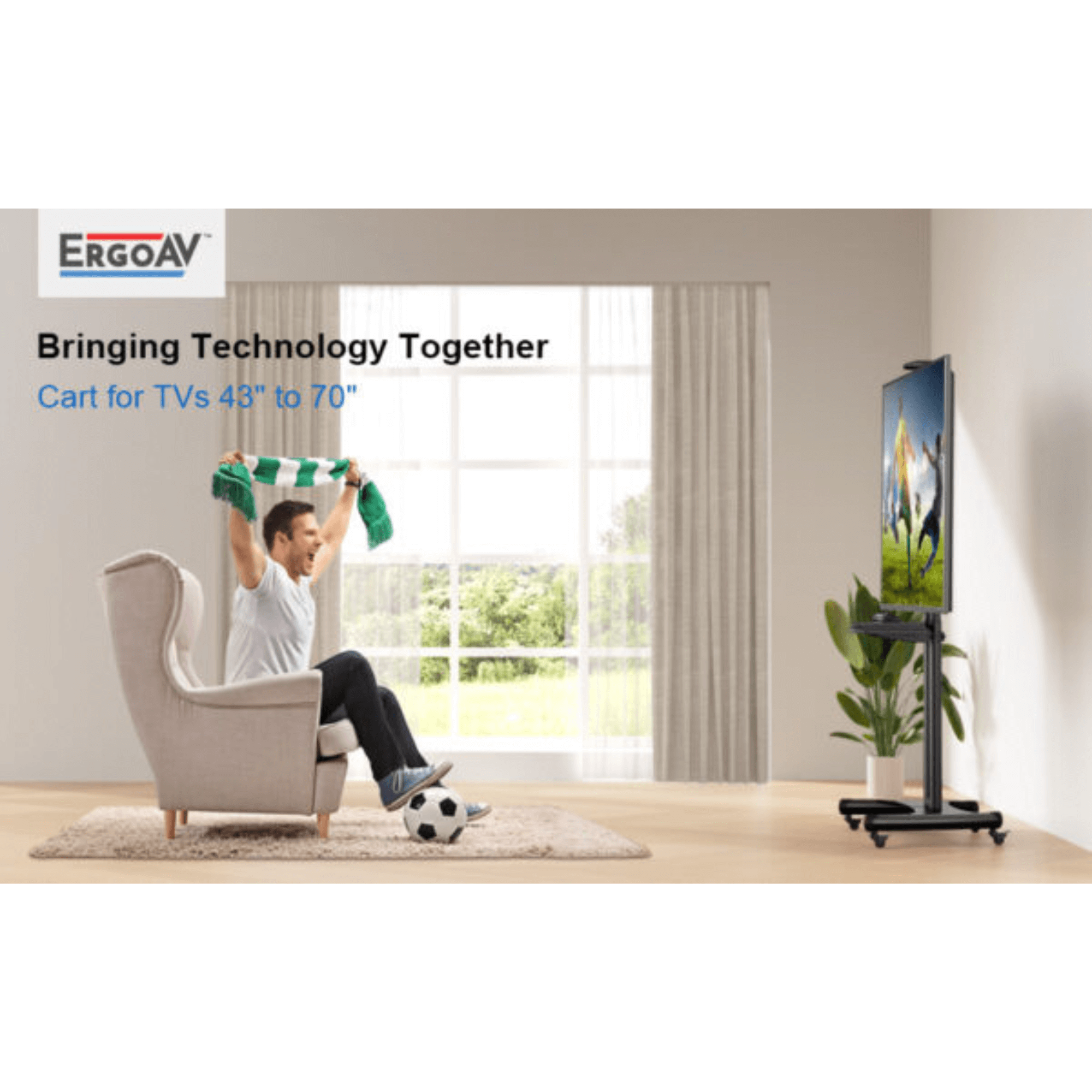 ErgoAV Movable Height-Adjustable Cart with Camera Shelf for TVs 43" to 70"
