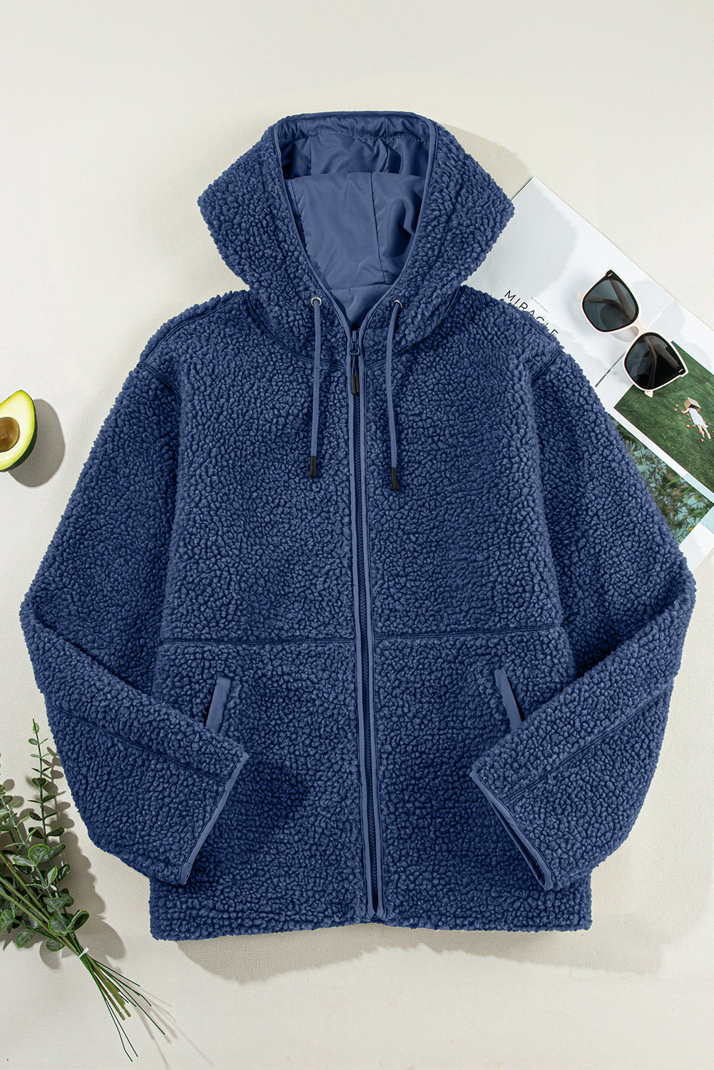 Solid Fleece Zip-Up Drawstring Pocketed Hooded Jacket