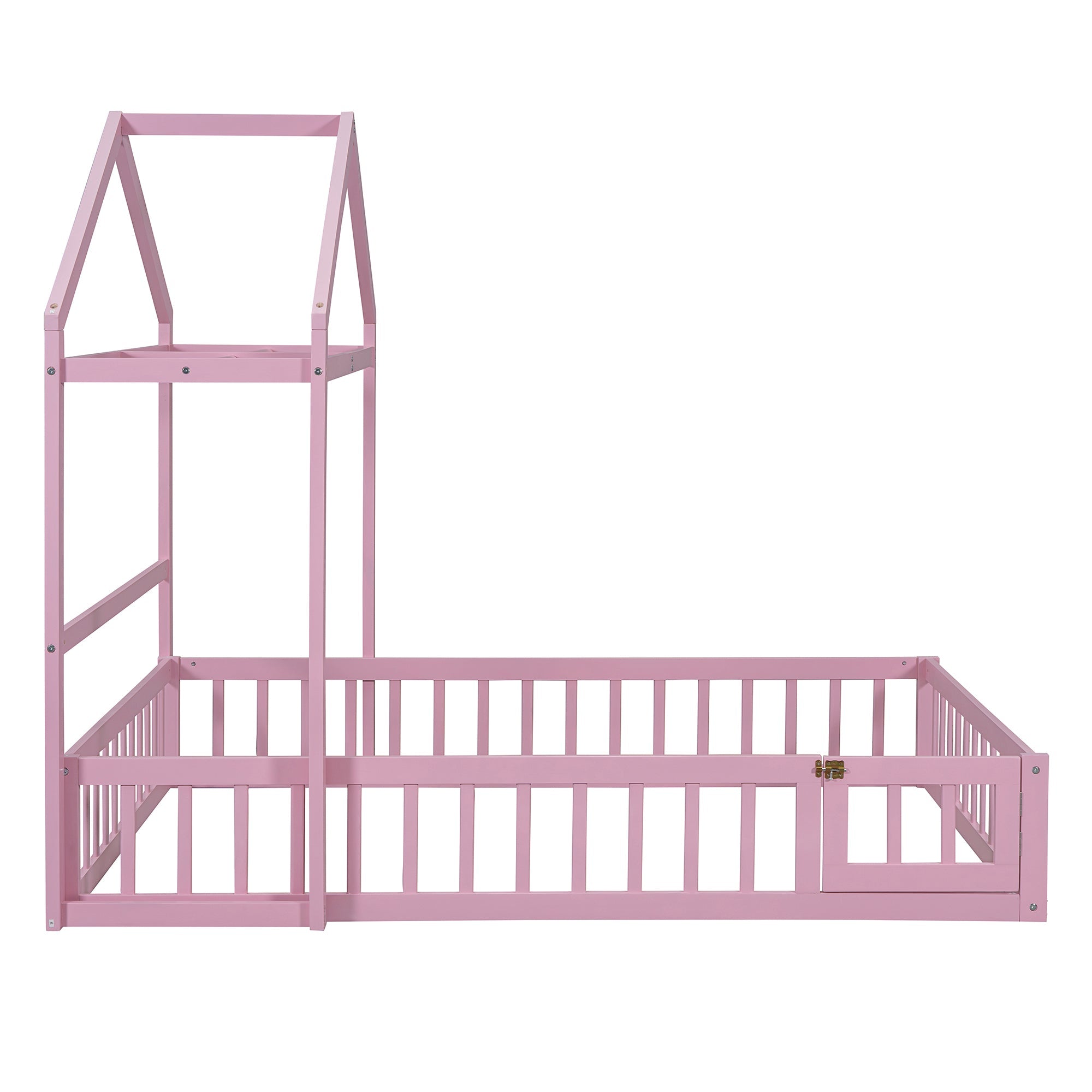 Wooden Full Size Children's Bed with Detachable Headboard and Integrated Clothes Drying Rack, Pink