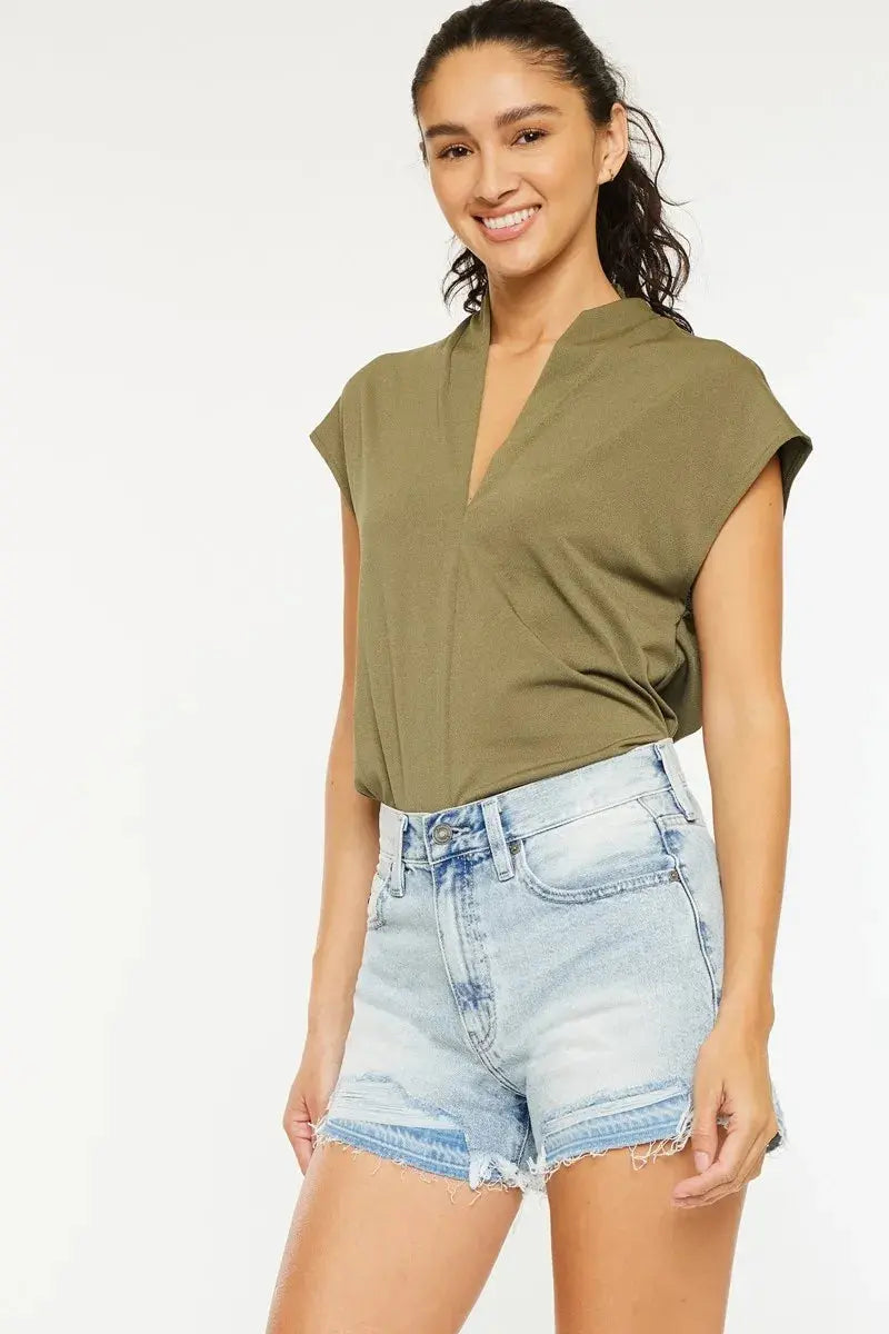 High Rise Raw Hem Kancan Denim Shorts - Light Wash