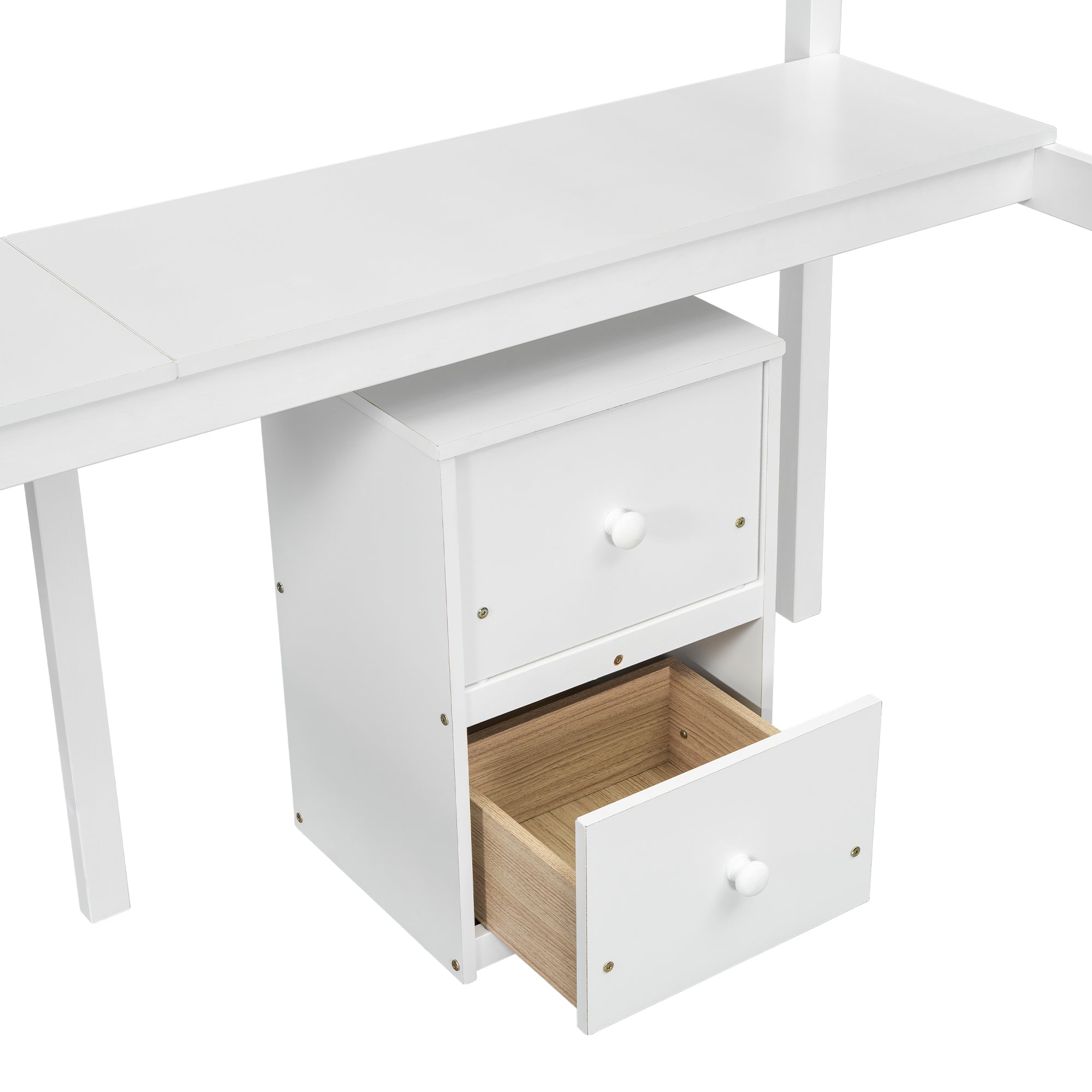 Twin Loft Wood Bed with Under-bed, Built-in Desk, a Storage Cabinet of 2 Drawers, Guardrails, Ladder,White