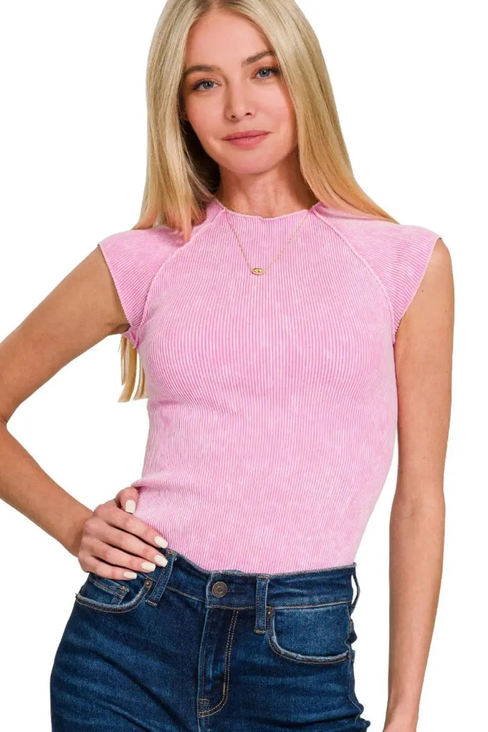 Zenana Pink Stone Washed Ribbed Seamless Tank Top