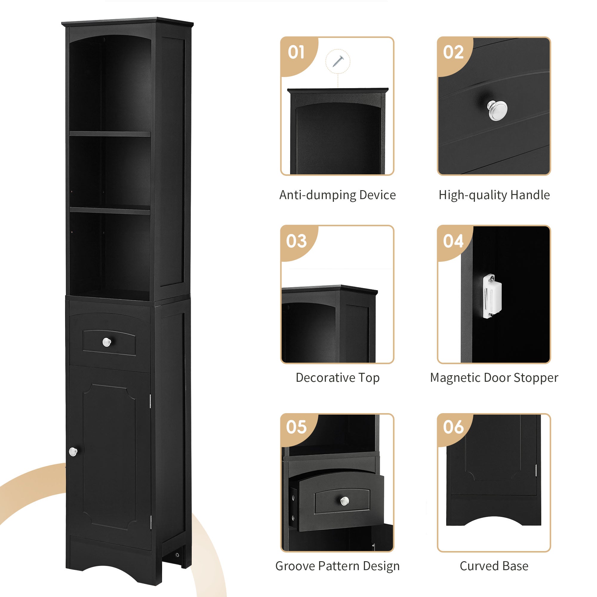 Tall Bathroom Cabinet, Freestanding Storage Cabinet with Drawer, MDF Board, Adjustable Shelf, Black