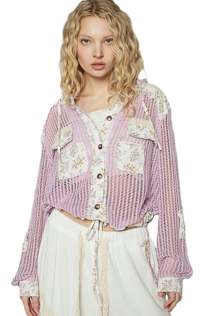 Vintage Washed Crochet Hoodie Jacket With Patchwork