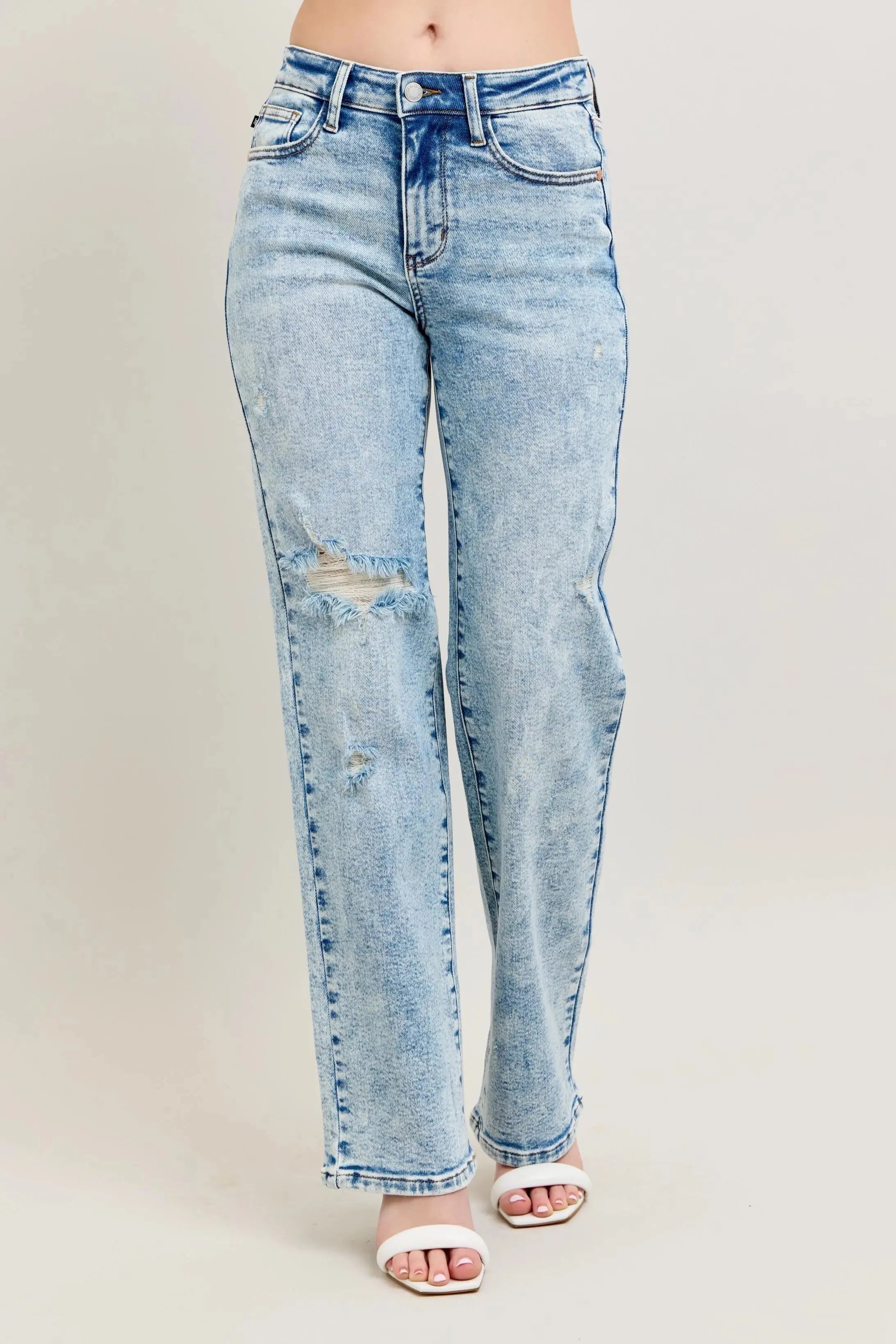 Full Size High Waist Mineral Wash Destroy 90's Straight Leg Judy Blue Jeans