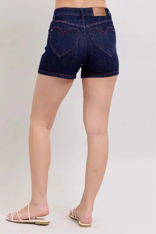 Judy Blue Jeans - Plus Size High Waist Heart Shaped Pockets Denim Shorts with Red Contrast Thread