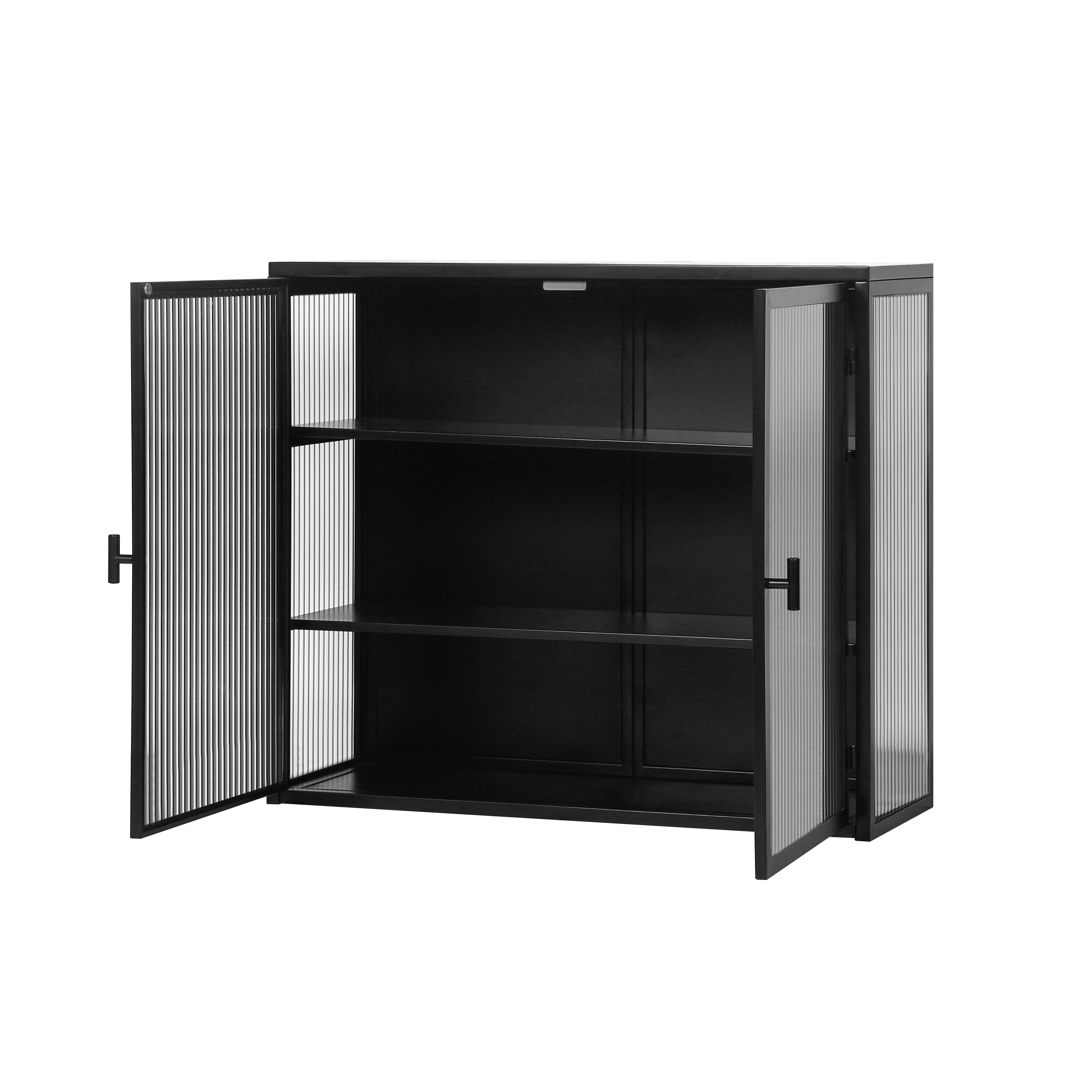 27.56"Glass Doors Modern Two-door Wall Cabinet with Featuring Three-tier Black