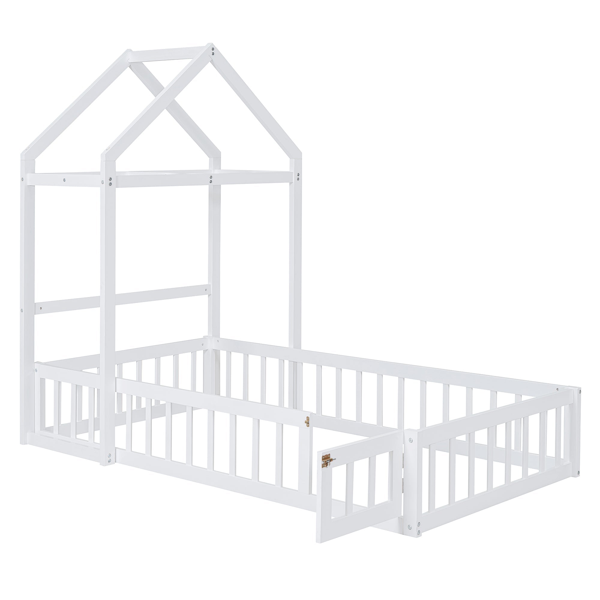 Wooden Twin Size Children's Bed with Detachable Headboard and Integrated Clothes Drying Rack, White