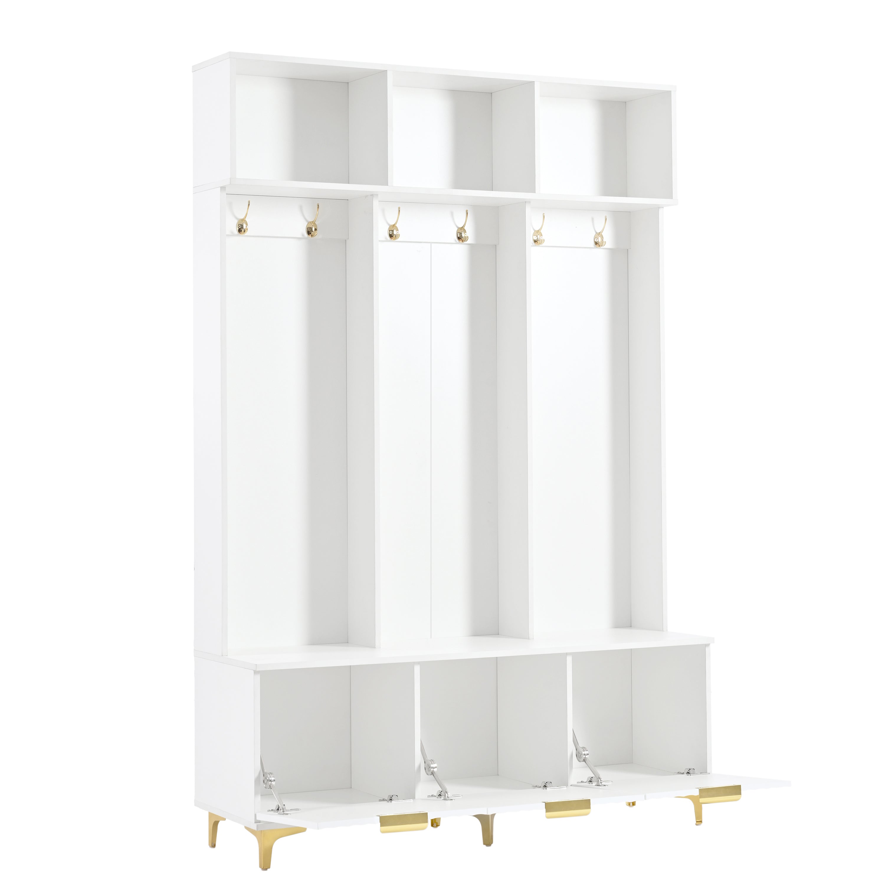 Large storage hall tree with bench, multifunctional storage platform, luxury clothes hanger equipped with 6 gold hooks