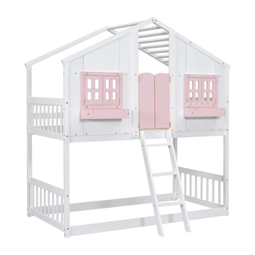 Twin over Twin House Bunk Bed with Roof , Window, Window Box, Door , with Safety Guardrails and Ladder, Pink/White