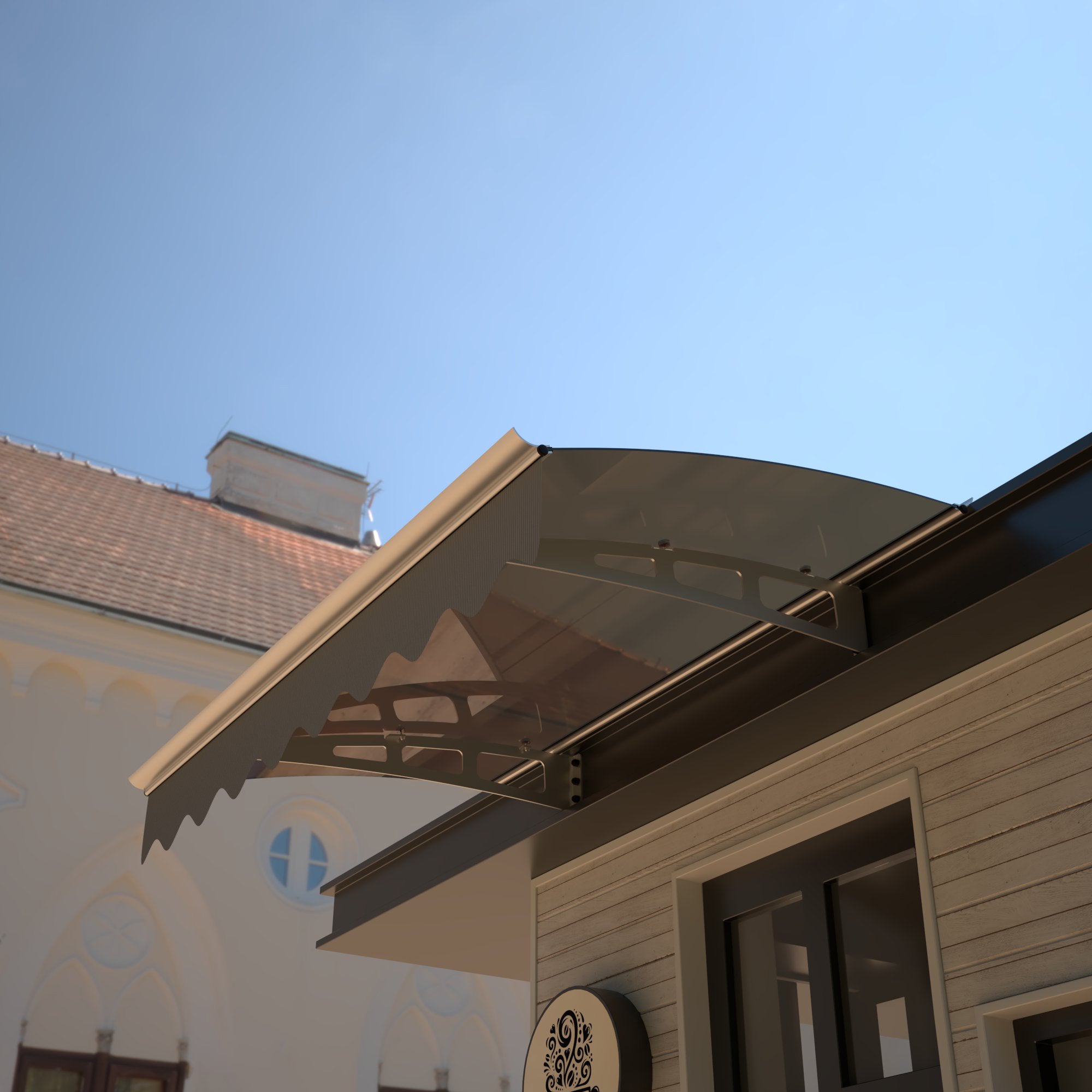 DA4734W Series Door Window Awning Made of 0.137 Inch Thick Crystal Polycarbonate Sheet in size of 47" Wide x 34" Brown Roof